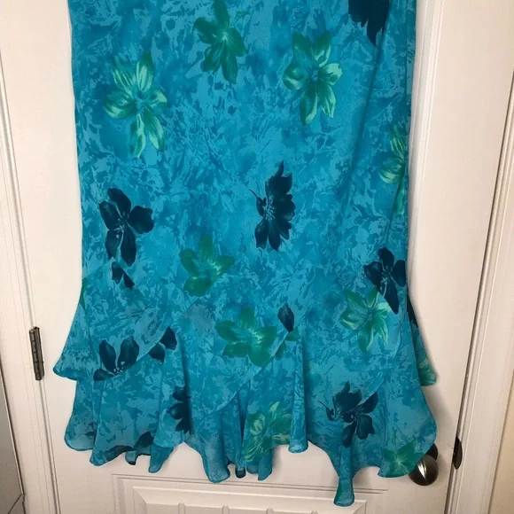 VINTAGE Y2K Fairy Floral Hawaii Tropical Ruffle Midi Skirt Blue and Green XL - Picture 10 of 11